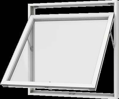 VELFAC Classic Toppstyrt fönster Fönstret öppnas genom att handtaget vrids upp i lodrätt läge och fönsterbågen skjuts utåt.