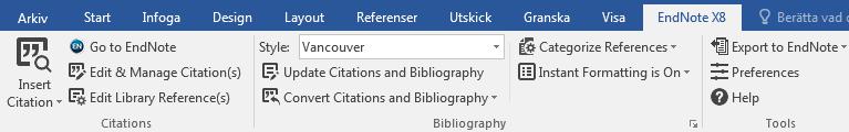 Använda EndNote i Word När du har EndNote installerat så syns programmet som en flik i Word. Saknas fliken så kan du gå till Help Download EndNote Plug-in i EndNote.