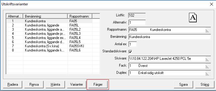 Högst upp i varje listas utskriftsfönster finns en knapp (inringat i rött ovan).