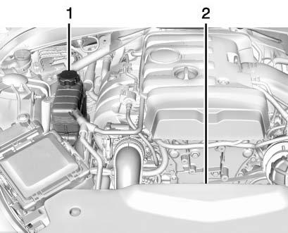 Kylsystem Kylsystemet gör att motorn kan hålla rätt arbetstemperatur. 2.0L L4-motor (LTG) 1. Trycklock och expansionskärl för motorkylvätska 2. Motorkylfläkt (skymd) 6.2L V8-motor (LT4) 1.