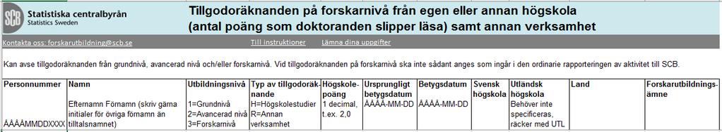 7. Tillgodoräknanden på forskarnivå från egen eller annan högskola samt annan verksamhet 6 I denna blankett fyller ni på uppgifter om tillgodoräknanden på forskarnivå från egen eller annan högskola