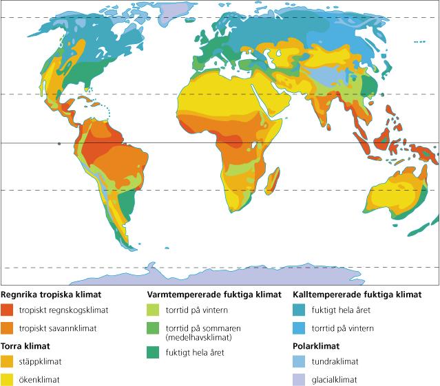 Figur 1. Jorden klimatzoner enligt Köppens system. Källa Nationalencyklopedin 4.