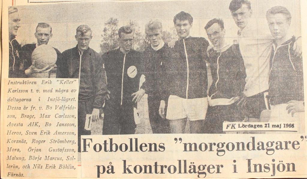 Fotbollens morgondagare på kontrolläger i Insjön. FK Lördagen 21 maj 1966. Instruktören Erik Keller Karlsson t.v. med några av deltagarna i Insjö-lägret.