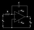 beror på tiden och insignalen En integrator kan implementeras med en OP-förstärkare och en kondensator Spänningen över kondensatorn