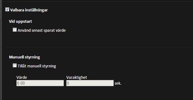 12 Manuell styrning Manuell styrning innebär att du manuellt kan tvinga en kanal att anta ett visst värde. Manuell styrning kan användas både på in- och utgångar och på interna kanaler.