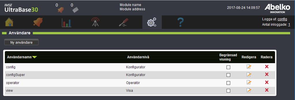 13.3 Användare På den här sidan kan du skapa nya användare och redigera befintliga. 1. Du skapar en ny användare genom att klicka Ny användare. 2. Fyll i Användarnamn och Lösenord.