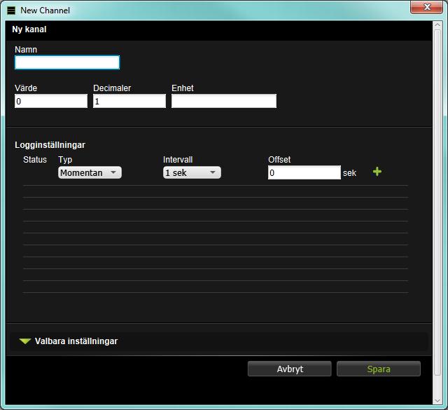 8.3 Skapa loggningar 1. Gå till en kanals inställningar, antingen i den grafiska programmeringen eller under menyn Konfigurering, Applikationer & resurser. 2.