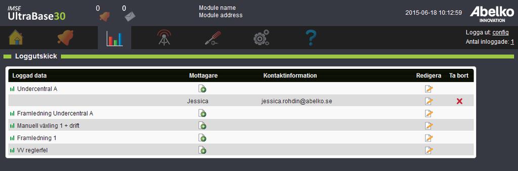8.5 Loggutskick På den här sidan kan du mejla en logg med hjälp av dina Sparade visningar från sidan Loggad data. 1. Börja med att lägga till en mottagare vid den logg du vill skicka. 75 2.