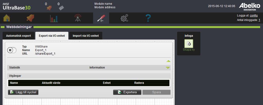 2. Ange ett namn och URL för delningen. När du skapar en IO-enhet kan du göra det från en mallfil. Mallfilen får man från exportknappen i en WMShare. Då fylls nyckelnamn i automatiskt.