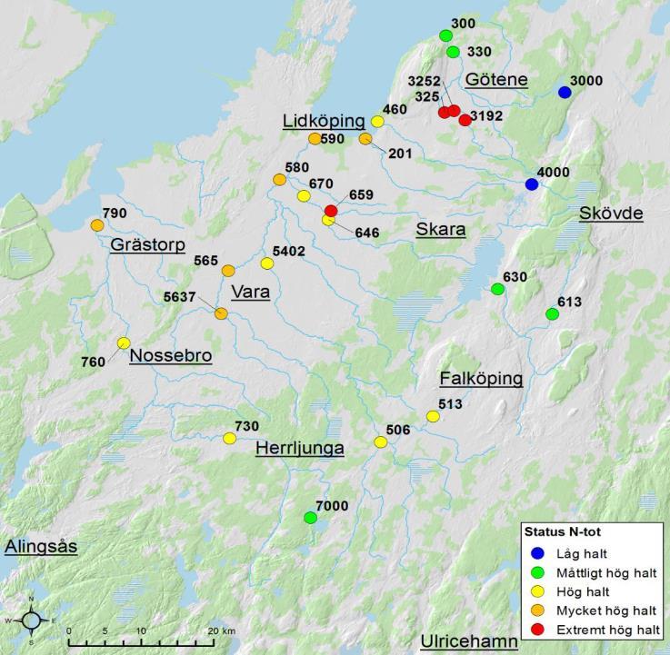 Status totalfosfor Statusklassningen har beräknats med hänsyn tagen till andelen jordbruksmark i tillrinningsområdet.