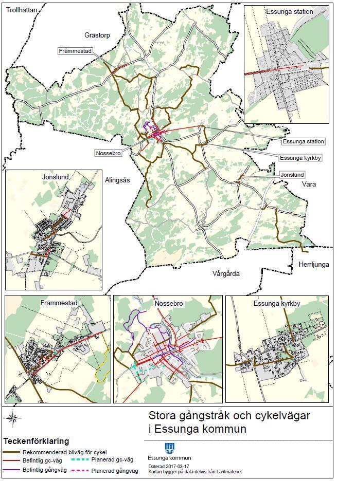 En plan för gång- och cykelvägar har antagits i kommunen 2013. GC-vägar på och till landsbygden samt vägen längs 2504 mot Fåglum-E20 har hög prioritet.