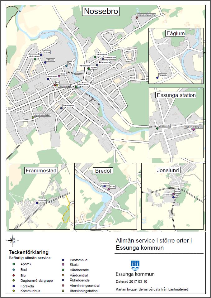 Det viktigaste basutbudet av kommersiell service finns idag i centralorten Nossebro. Här finns en vårdcentral med läkarmottagning, distriktssköterska, BVC, ungdomsmottagning, psykisk hälsa samt rehab.