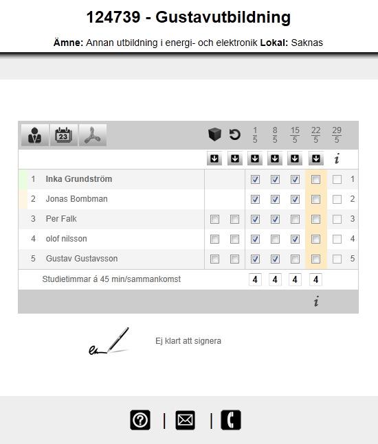 4. När arrangemanget är öppnat visas sidan där närvaron registreras. Huvudledaren markeras med grönt i kanten och vikarierande ledare med ljusrosa.