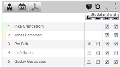 8. Du kan skriva ut en deltagarlista för att använda som arbetsmaterial. OBS: Den ersätter inte närvarolistan! 9. Du kan markera att deltagaren fått material och detta förs över till Gustav.