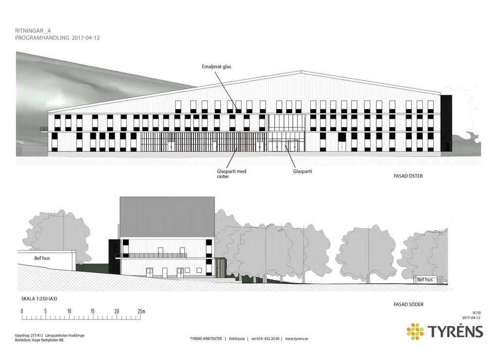 RITNINGAR _A PROGRAMHANDLING 2017-04-12 Emajerat gas Gasparti med raster Gasparti FASAD ÖSTER SKALA 1 :250 (A3) FASAD SÖDER O 5 10 15 20 25m