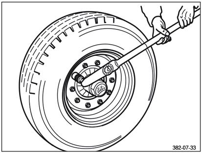 AXLAR OCH AXELAGGREGAT Underhållsarbeten på hjulen och bromsarna Kontrollera att hjulmuttrarna sitter fast ordentligt - efter den första färden med belastning - efter varje hjulbyte - var 500:e