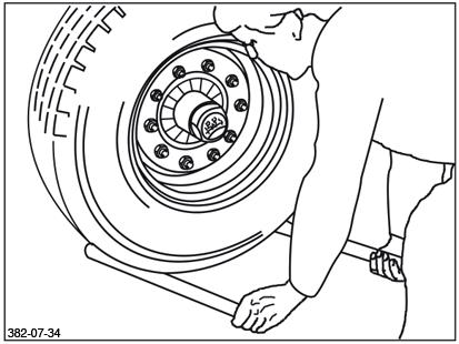 Kontrollera hjulnavarnas lagerspel - var 200:e drifttimme För kontroll av hjulnavarnas lagerspel: - Lyft upp axeln tills hjulen snurrar fritt. - Lossa bromsen.