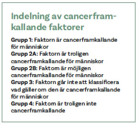 IARC- International Agency for IARC samlar och bedömer tillgängliga djur- och humanstudier kring cancer och riskfaktorer Ämnen delas in I grupper utefter vetenskaplig kvalitet på forskningen, möjliga