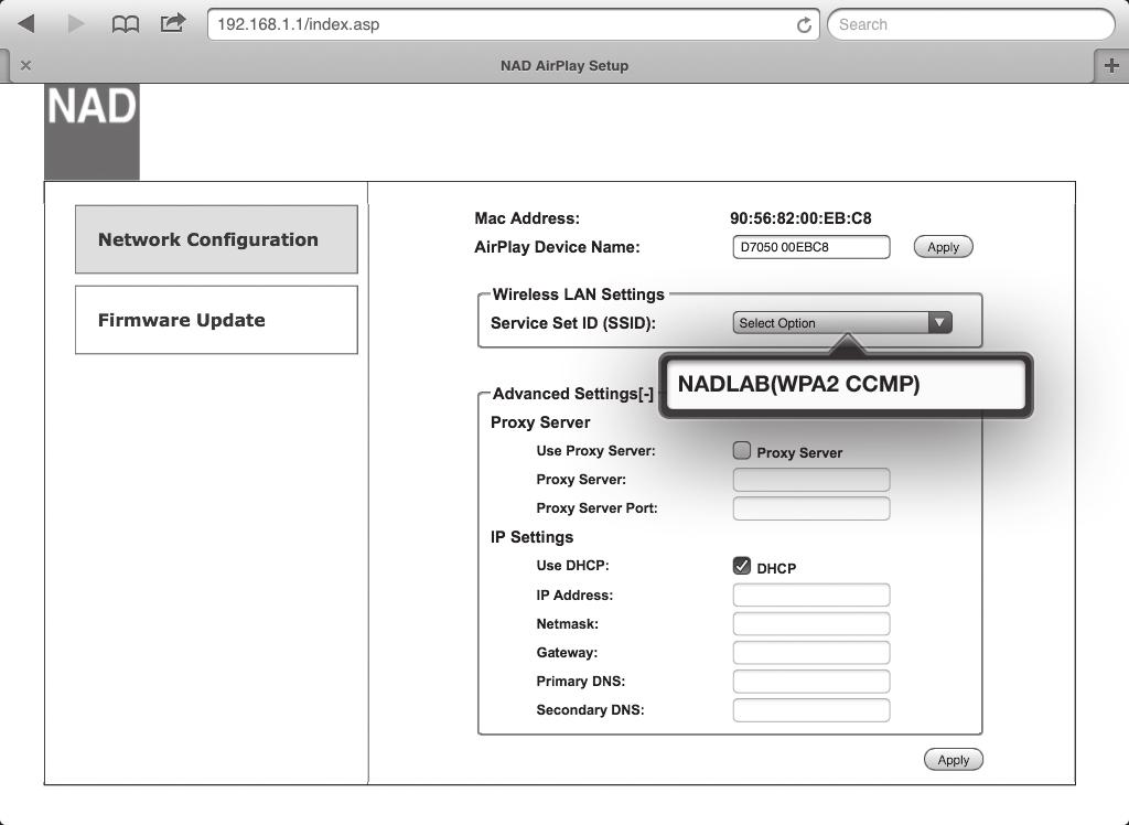 ANDRA FUNKTIONER 4 Välj ditt lokala nätverk från SSID listan - NADLAB(WPA2 CCMP) i detta exempel.