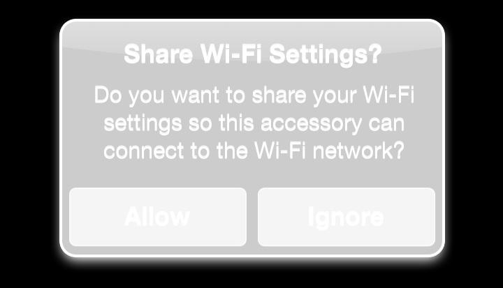 3 En avisering om att Share Wi-Fi Settings (Dela din Wi-Fi Inställning) dyker upp. 4 Välj Allow för att slut föra delningen.