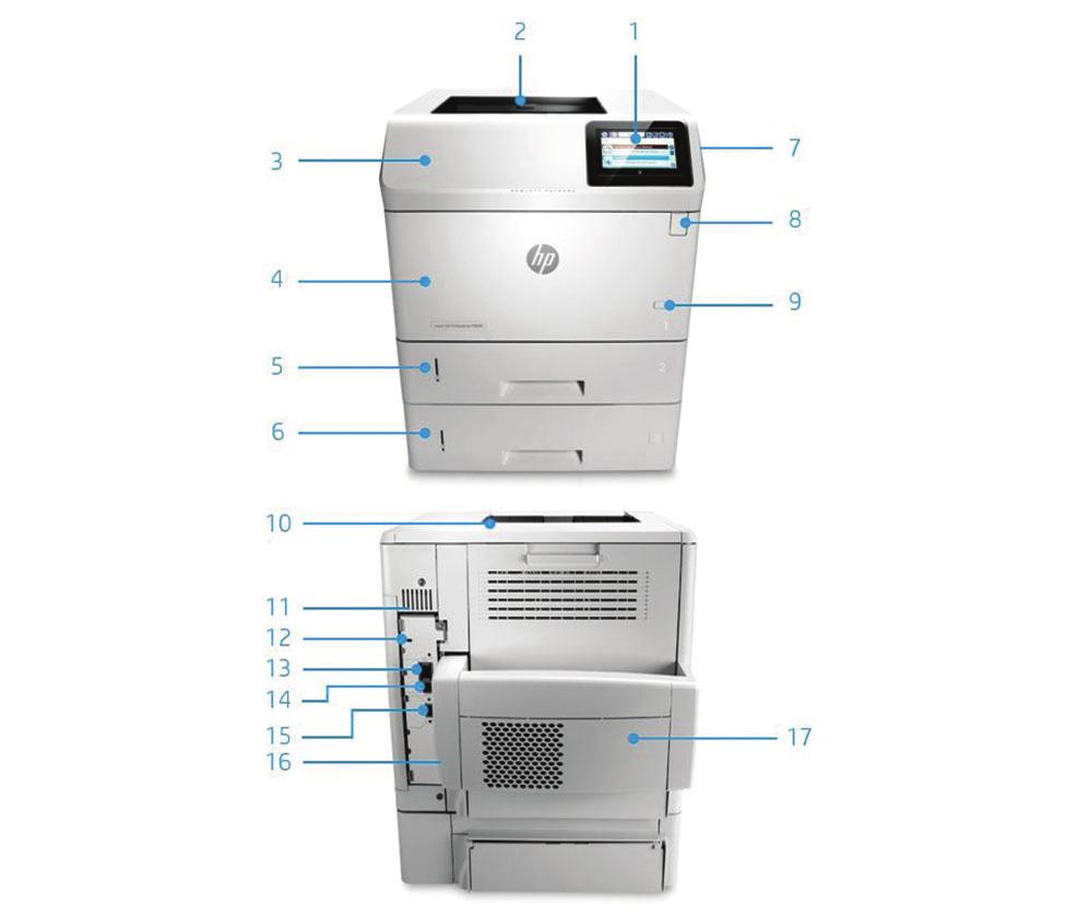 Produktrundtur HP LaserJet Enterprise M606x visas: 1. Intuitiv 10,9 cm (4,3 tum) färgpekskärm som kan lutas uppåt för enklare användning 2. 500-arks utmatningsfack 3.