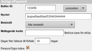 7.4. INSTÄLLNINGAR: BETALSÄTT 27 november 2017 7.4.9 Auriga e-payment För att skapa koppling mellan webbutiken och Auriga, skapa ett nytt betalsätt (se 7.