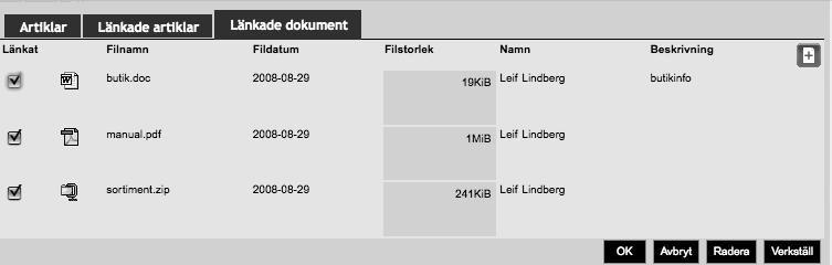 för att koppla dokument till dina artiklar. Du kan använda denna funktion för att lägga in tillverkarens produktblad eller liknande information.