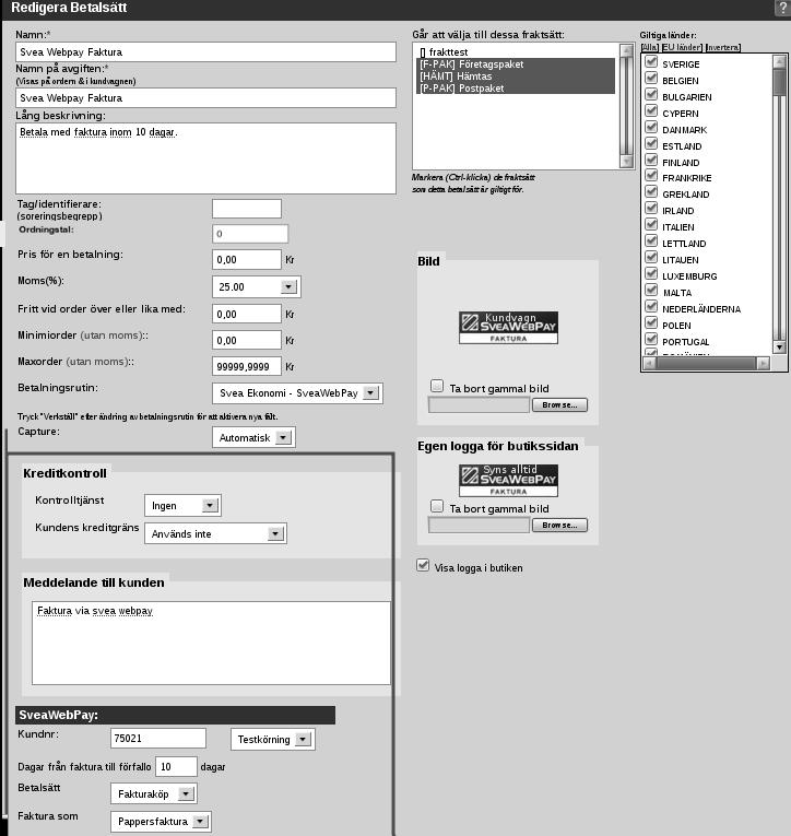 7.4. INSTÄLLNINGAR: BETALSÄTT 27 november 2017 Figur 7.6: Betalsätt - inställningar För att kortbetalningar ska fungera i webbutiken räcker det inte med att du byter betalsätt i webbutiken.