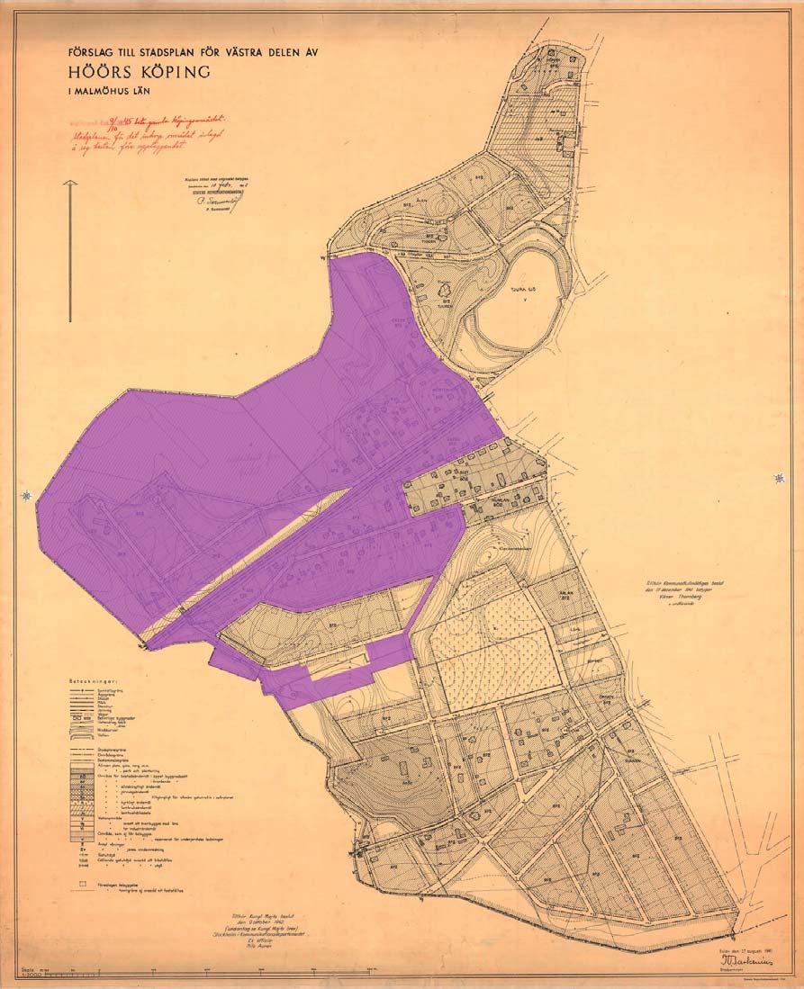Figur 7. Den lila ytan är det som fortfarande kommer vara gällande i stadsplanen från 1942 efter att beslut har fattats gällande upphävande av den del som omfattar vägen till Västernäs/Ekenäs.