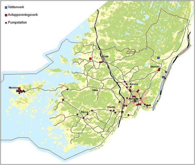 Figur 5. Geografiska lägen för kommunens allmänna pumpstationer, avloppsreningsverk och vattenverk. 3.