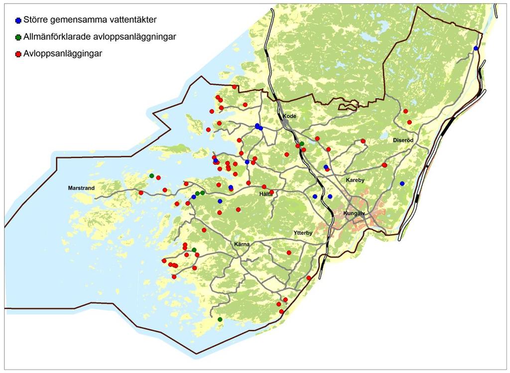 Figur 6. Geografiska lägen för större gemensamma vattentäkter, allmänförklarade avloppsanläggningar och enskilda avloppsanläggningar där fler än fem hushåll är anslutna. 4.