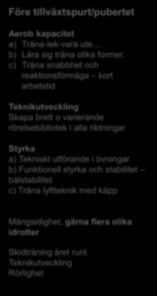 Uppbyggnadsstadiet (12-16 år) Före tillväxtspurt/pubertet Aerob kapacitet a) Träna-lek-vara ute b) Lära sig träna olika former.