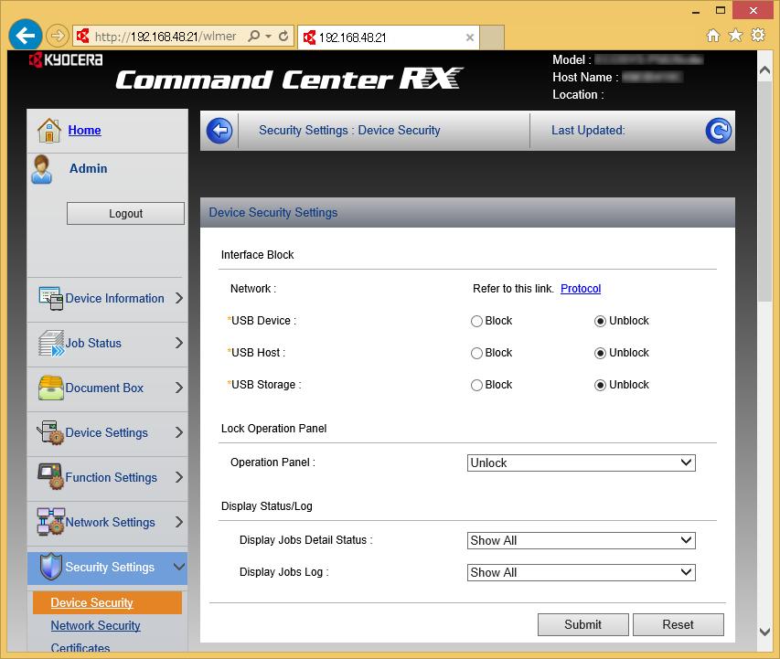 Installera och ställa upp maskinen > Command Center RX 2 Konfigurera säkerhetsinställningar.