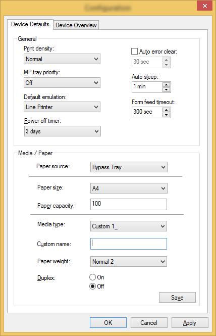 Skriva ut från dator > Configuration Tool Skärmen för inställningar av Configuration Tool Enhetens standardinställningar Konfigurera skrivardrivrutinens standardinställningar och energisparfunktionen