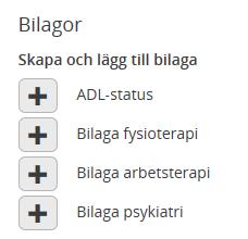 Beskrivning 48(51) 20.1. Bilagor De bilagor som finns att använda i Lifecare är ADL-status, Bilagor för fysioterapi, arbetsterapi och psykiatri.