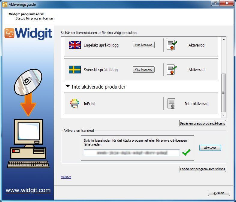 Så här gör du aktiveringen 1. Öppna Widgit produktaktivering Med Widgit produktaktivering kan du: Se aktuella licenser för alla dina Widgitprodukter.