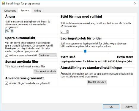 System Under fliken System gör du inställningar för: Ångra. Ställ in hur många gånger du ska kunna ångra. Notera: Ju större antal gånger du väljer desto mer minne använder programmet.