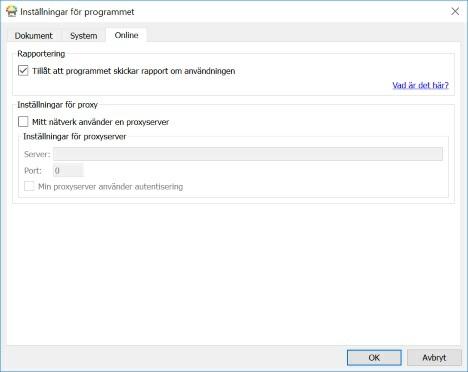 Online Under fliken Online gör du inställningar för: Rapportering. Välj om du tillåter att programmet skickar användarstatistik.
