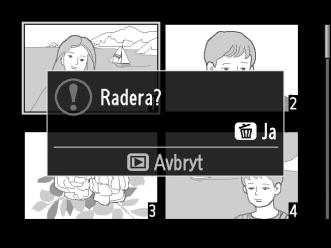 När fotografier har raderats kan de inte återställas. Helskärms-, miniatyrbilds- och kalendervisning Tryck på O-knappen för att radera det aktuella fotografiet. 1 Välj en bild.