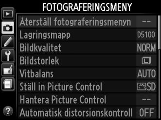 C Fotograferingsmenyn: Fotograferingsalternativ För att visa fotograferingsmenyn trycker du på G och väljer fliken C (fotograferingsmeny).