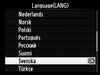 Grundläggande inställningar En dialogruta för val av språk visas första gången kameran slås på. Välj ett språk och ställ in tid och datum.