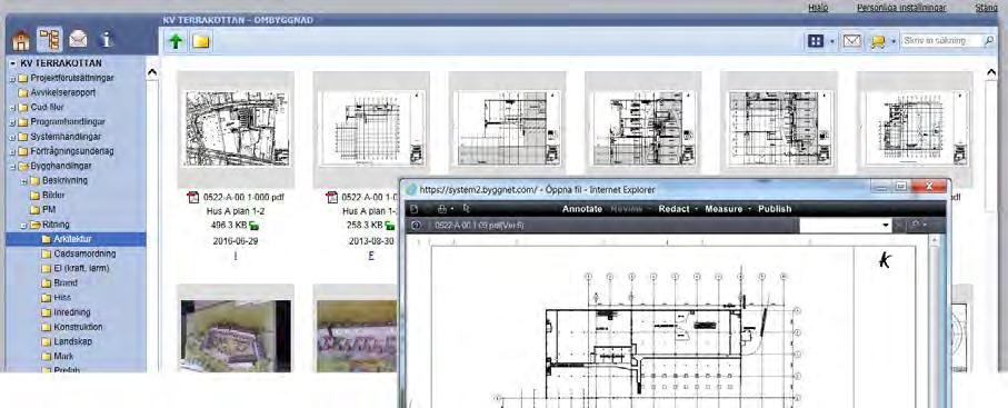 FILVY Titta på ritningar och andra dokument Byggnet Access erbjuder olika sätt att se filernas innehåll. Se innehållet som småbilder eller i Byggnets viewer.