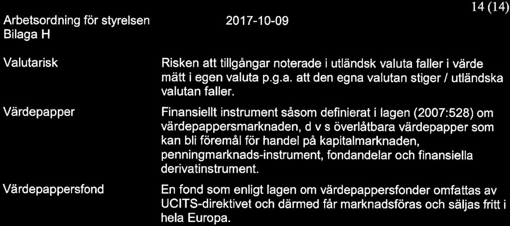 14(14) Valutarisk Värdepapper Värdepappersfond Risken att tillgångar noterade i utländsk valuta faller i värde mätt i egen valuta p. g. a. att den egna valutan stiger / utländska valutan faller.