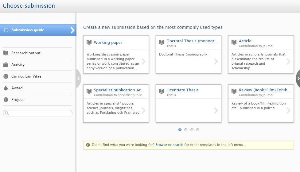 a) b) 3) Använder du knappen Add new får du upp en Submission guide, vilken ger förslag på de vanligaste informationstyperna. 4) Du får nu möjlighet att Choose submission.