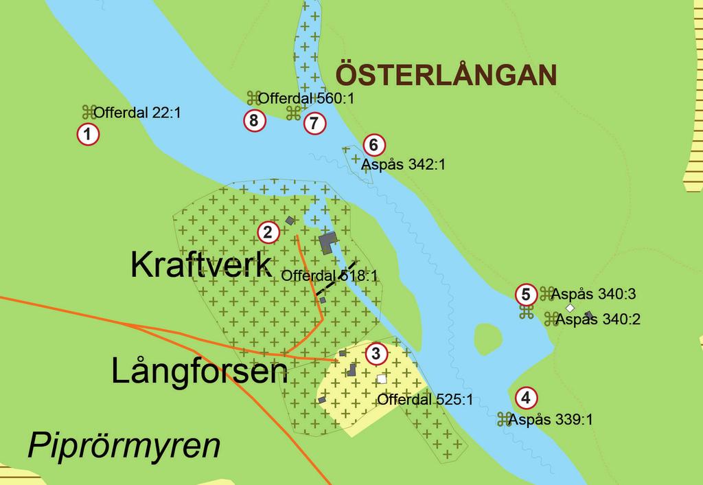 Bild 10. Kulturhistoriska lämningar i närheten av kraftverket, siffrorna på bilden hör i hop med informationen i tabellen nedan.