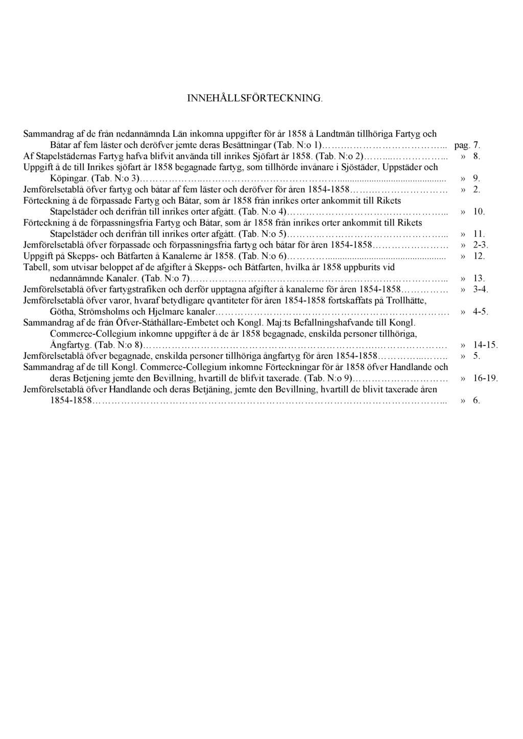 INNEHÅLLSFÖRTECKNING. Sammandrag af de från nedannämnda Län inkomna uppgifter för år 1858 å Landtmän tillhöriga Fartyg och Båtar af fem läster och deröfver jemte deras Besättningar (Tab. N:o 1) pag.