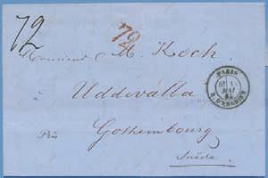 1.200 105 Samling med 43 utrikesbrev till Sverige 1843, 1850-72, med postala noteringar, lösenstämplar mm. 1.000 106 24 olika rakstämplar, mest på fribrev, många i mycket god kvalitet.