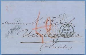 300 94 95 94 Lösenstämpel 72 i stor stil på mycket intressant brev från Paris 1867 där först en för oss obekant lösenstämpel 50 slagits på kuvertet.