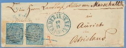 300 1127 1 Δ 4 skilling i vackert par på del av brev till Ostfriesland med sidostämpel FREDERIKSVAERN 19.11.55.