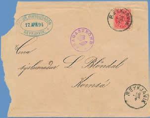 500 1233 8, bke 2 3 aur som tilläggsfrankering på 8 aur brev- kort till Tyskland 1892 st REYKJAVIK 20.3 och SHIP LETTER. 2.000 1234 9 v1 *(*) 5 aur blå.